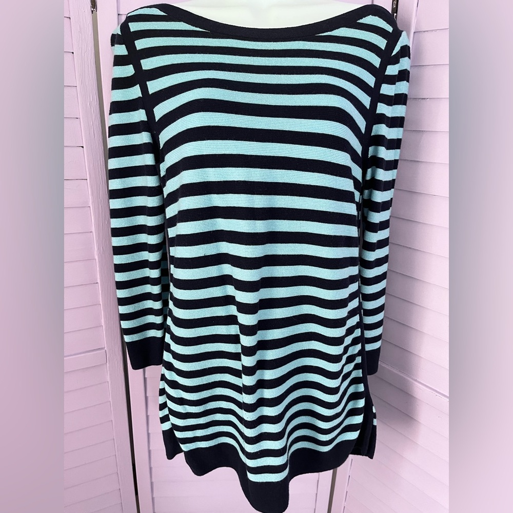 Talbots Striped navy and teal women’s tunic.  Small. 27” length . 20” pit to pit